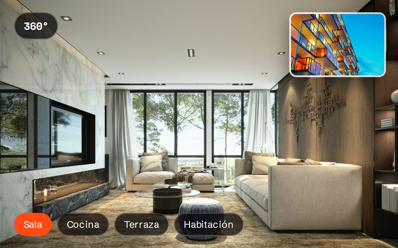 Interfaz de un tour 3D inmobiliario en una tableta
